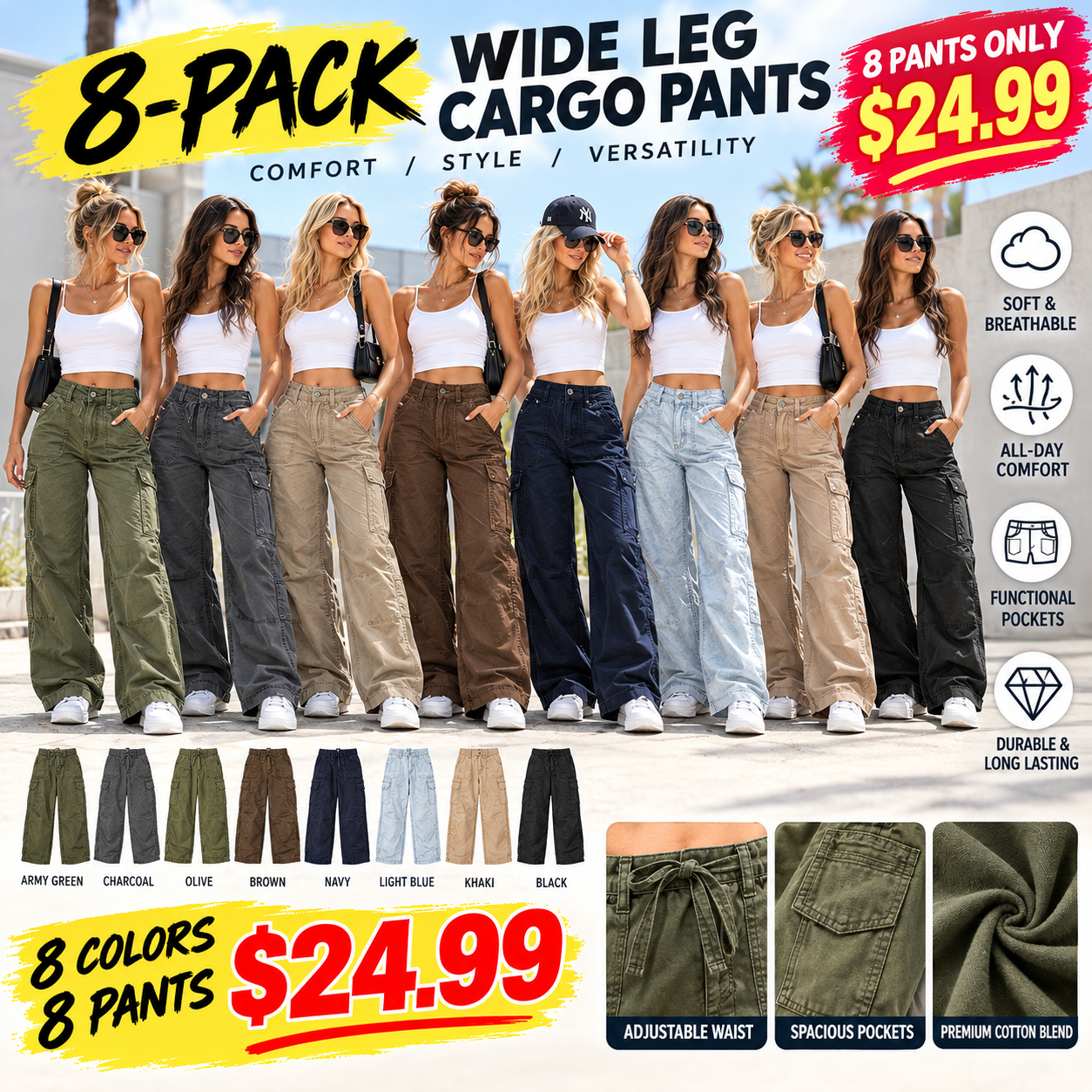 🔥 8 Hosen für nur 24,99 € – Damenhose mit hoher Elastizität, mittelhohem Bund und geradem Bein.