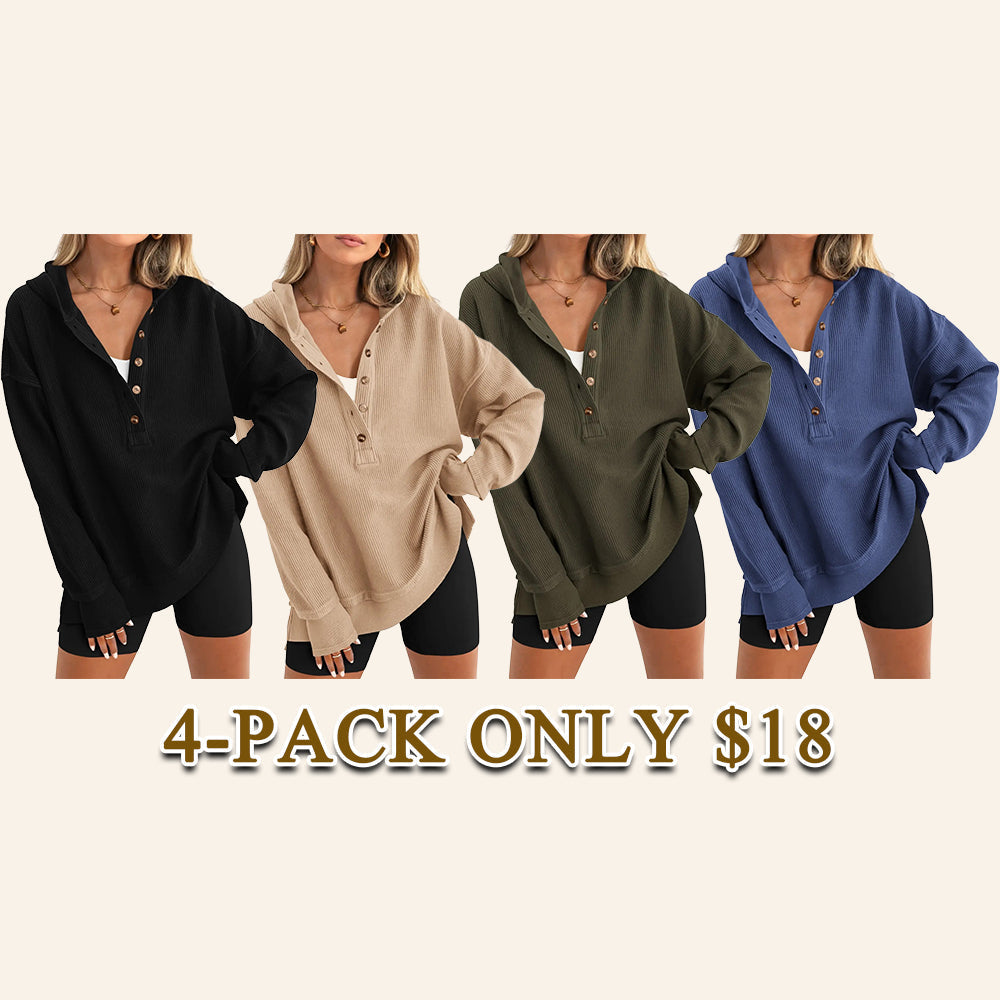 🔥 8 FOR ONLY $24.98! Women’s Oversized V-Neck Hoodie – Relaxed Button Pullover with Side Slits