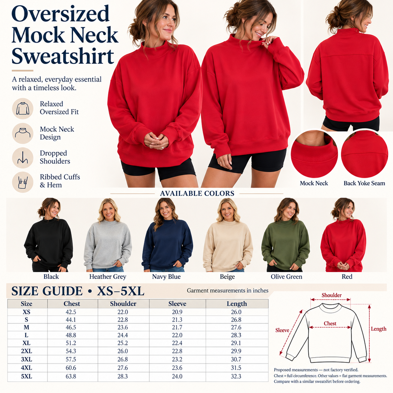 Sweatshirt front and back views, six colors and XS to 5XL size guide