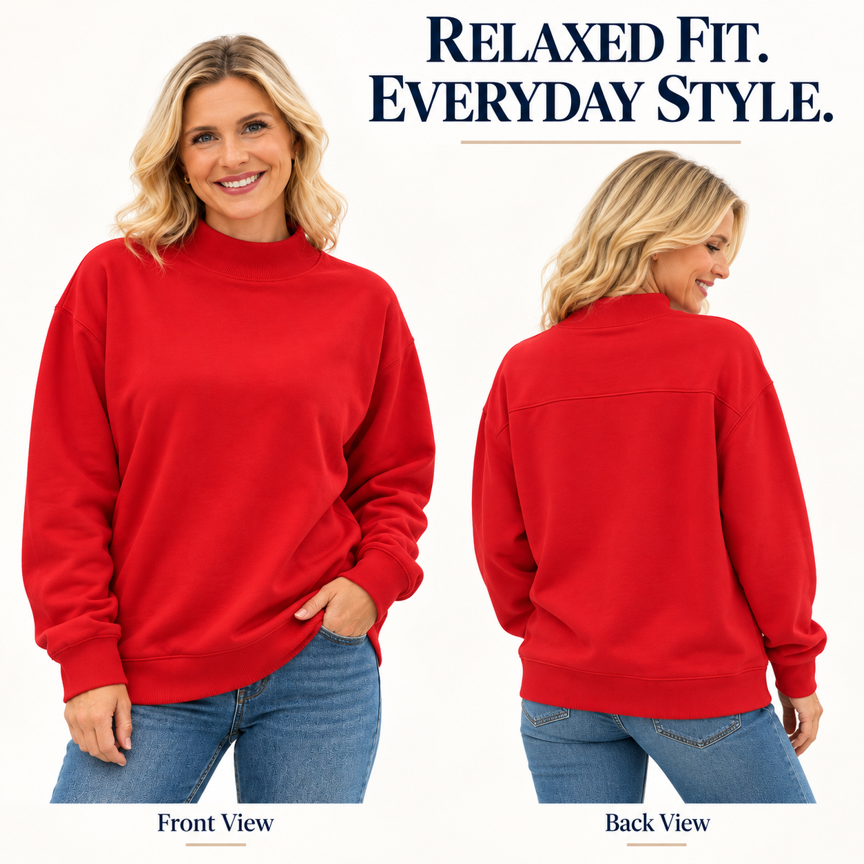 Front and back model views of the red high-neck sweatshirt