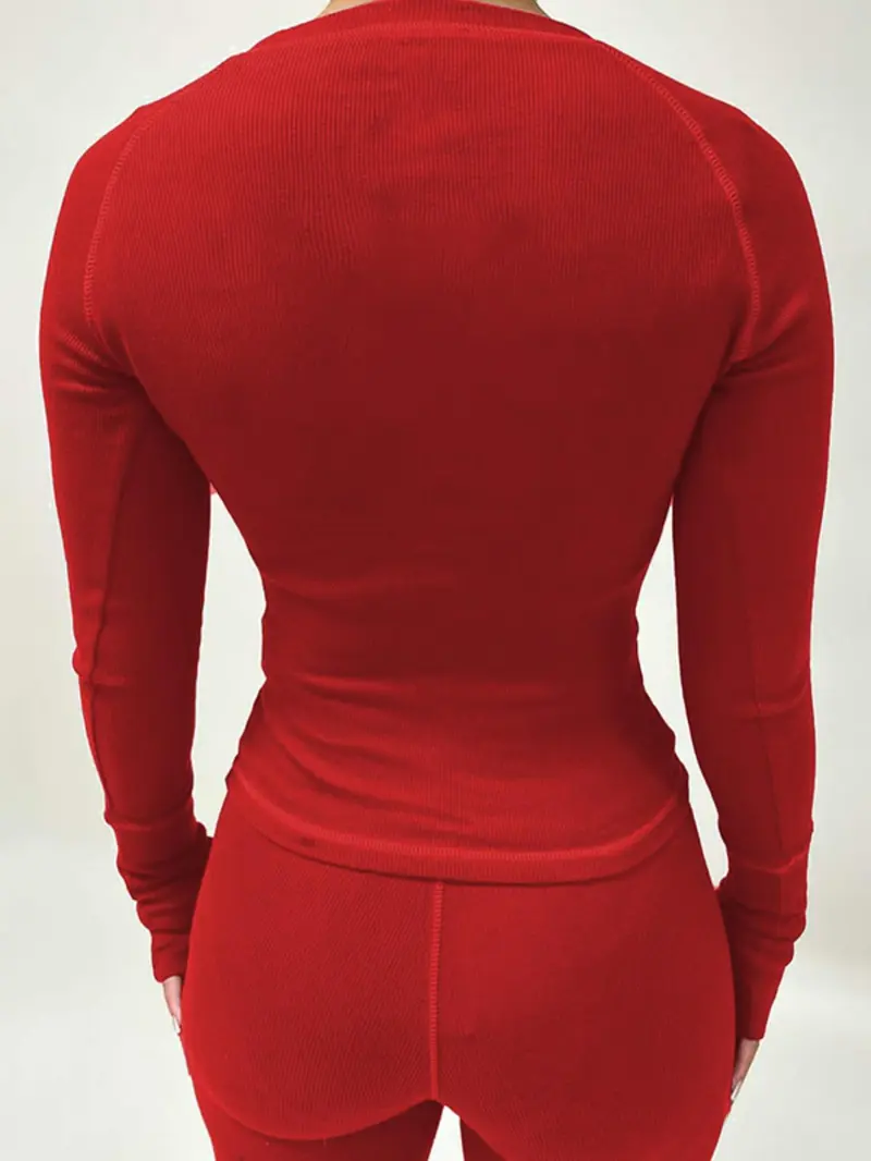 Women's Letter Patched Raglan Sleeve Knitted Tee & Skinny Pants Set, Casual Long Sleeve Round Neck T-shirt & Trousers Two-piece Set Casual Style Set for Fall & Winter Outfit Womenswear Clothes