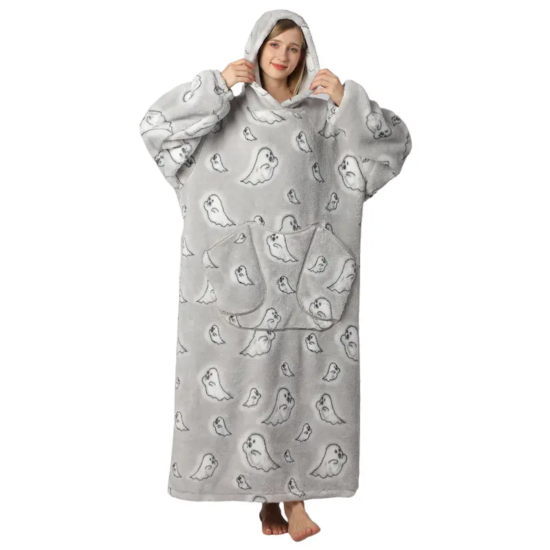 Msrlassn Oversized Cute Wearable Hoodie Blanket Nightgown Ultra Soft Sherpa Hooded Blankets Warm with Giant Pockets Halloween for Women Men Adults