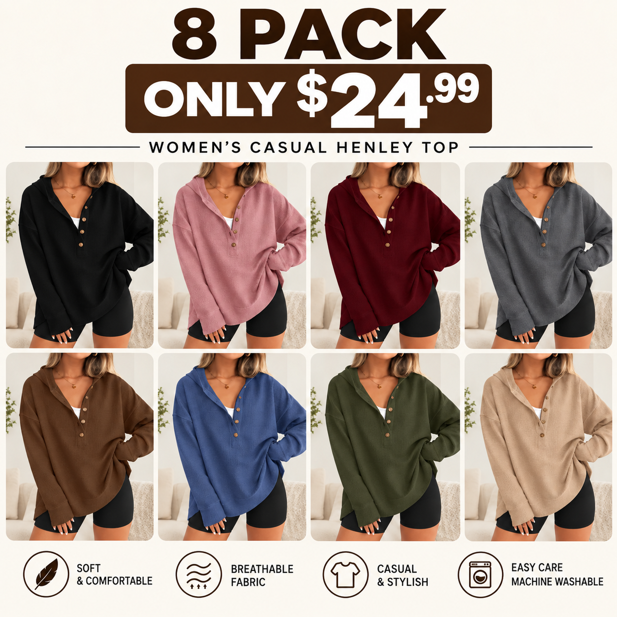 🔥 Limited-Time Sale – Women’s Oversized V-Neck Hoodie – Relaxed Button Pullover with Side Slits