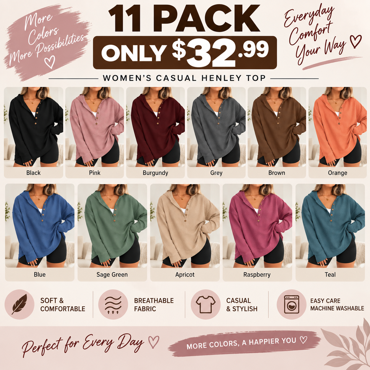 🔥 Limited-Time Sale – Women’s Oversized V-Neck Hoodie – Relaxed Button Pullover with Side Slits
