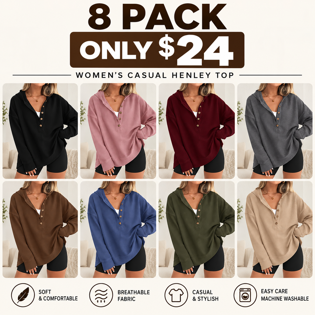 🔥 8 FOR ONLY $24.98! Women’s Oversized V-Neck Hoodie – Relaxed Button Pullover with Side Slits