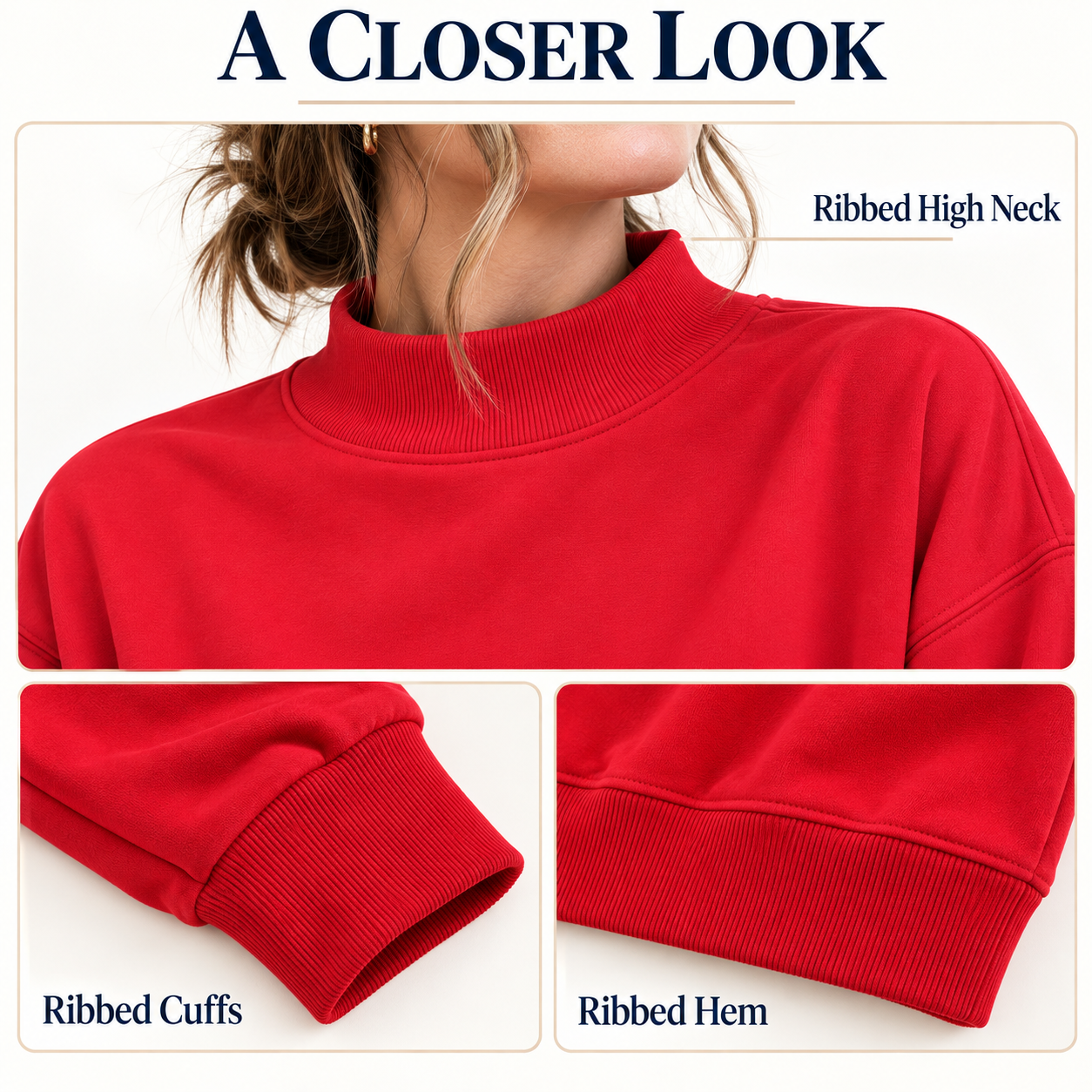 Close-up views of the red sweatshirt ribbed high neck, cuffs and hem