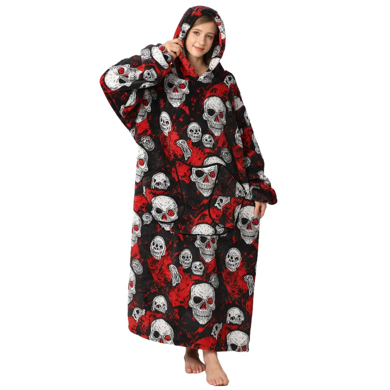 Msrlassn Oversized Cute Wearable Hoodie Blanket Nightgown Ultra Soft Sherpa Hooded Blankets Warm with Giant Pockets Halloween for Women Men Adults