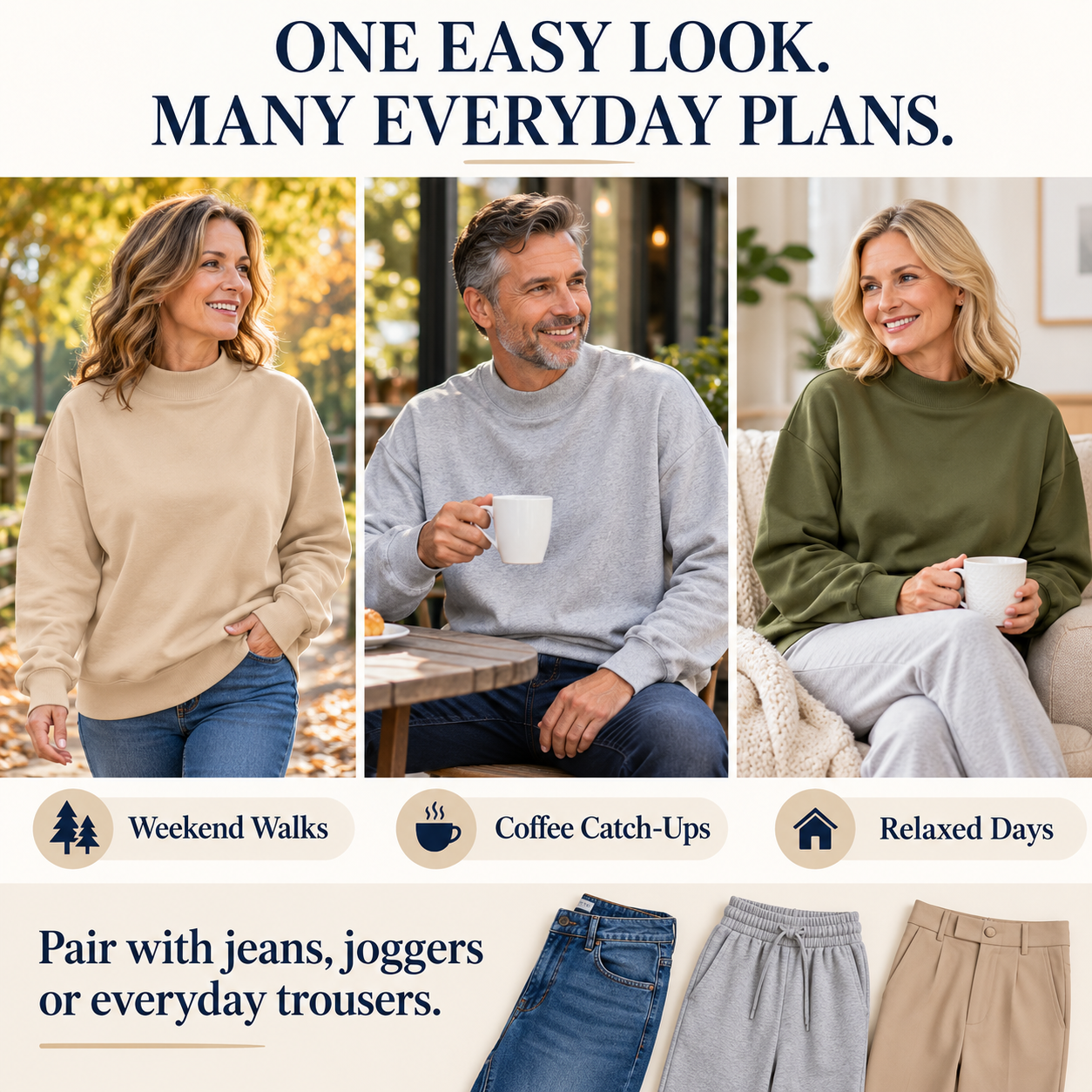 Women and men styling beige, heather grey and olive green sweatshirts