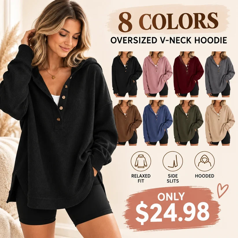 🔥CLEARANCE SALE | Women’s Oversized V-Neck Hoodie – Comfy Button Pullover with Side Slits
