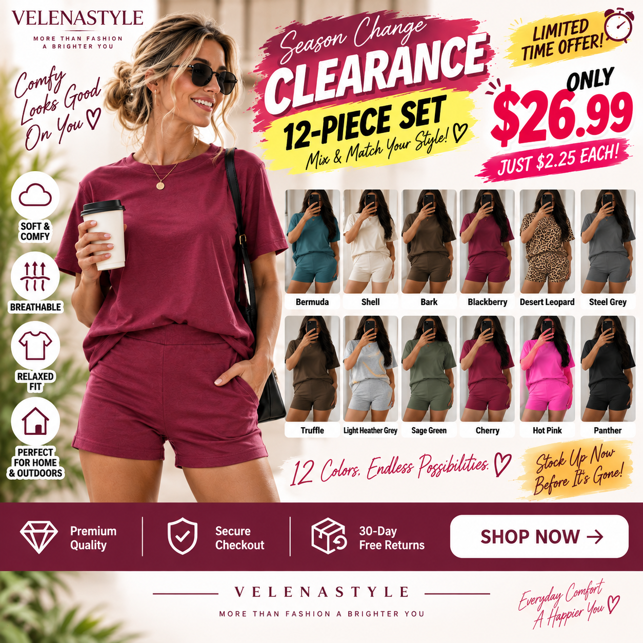 🔥 CLEARANCE SALE | 12-Pack Women’s Comfy T-Shirt & Shorts Sets – Only $26.99
