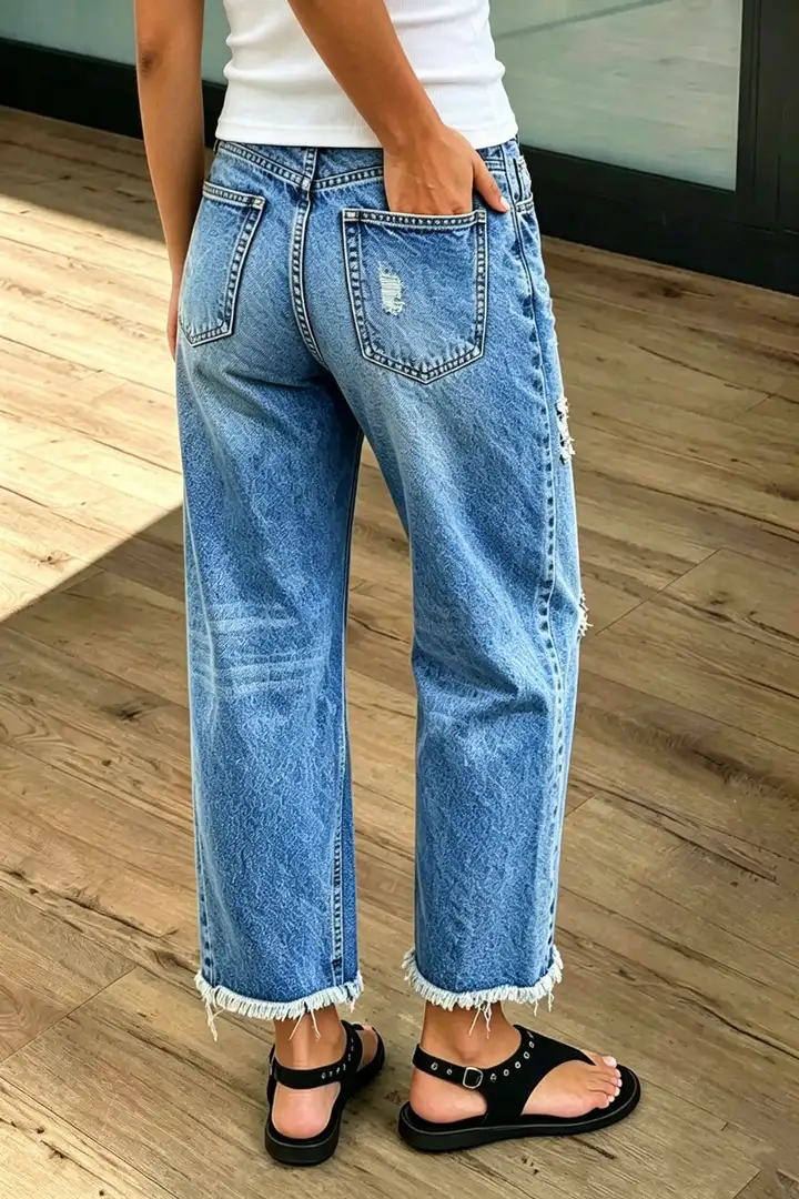 Wash Raw Hem Ripped Mid Waist Straight Leg Crop Jeans Without Belt