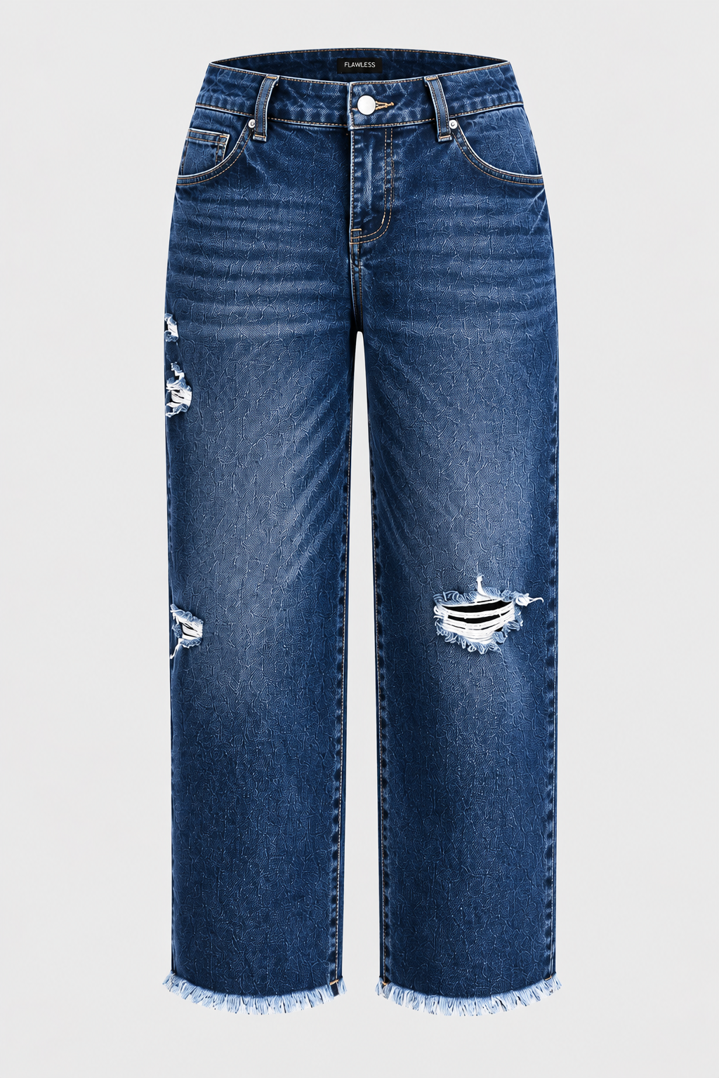 Wash Raw Hem Ripped Mid Waist Straight Leg Crop Jeans Without Belt