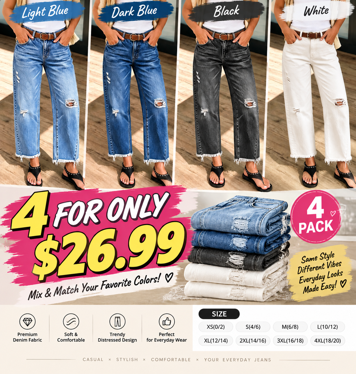 Wash Raw Hem Ripped Mid Waist Straight Leg Crop Jeans Without Belt