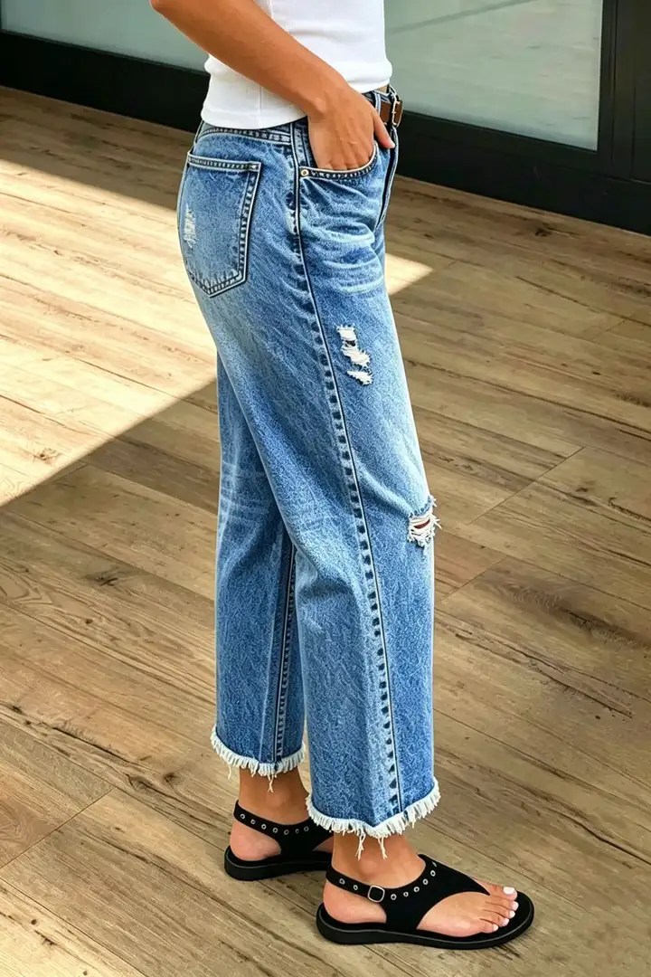 Wash Raw Hem Ripped Mid Waist Straight Leg Crop Jeans Without Belt