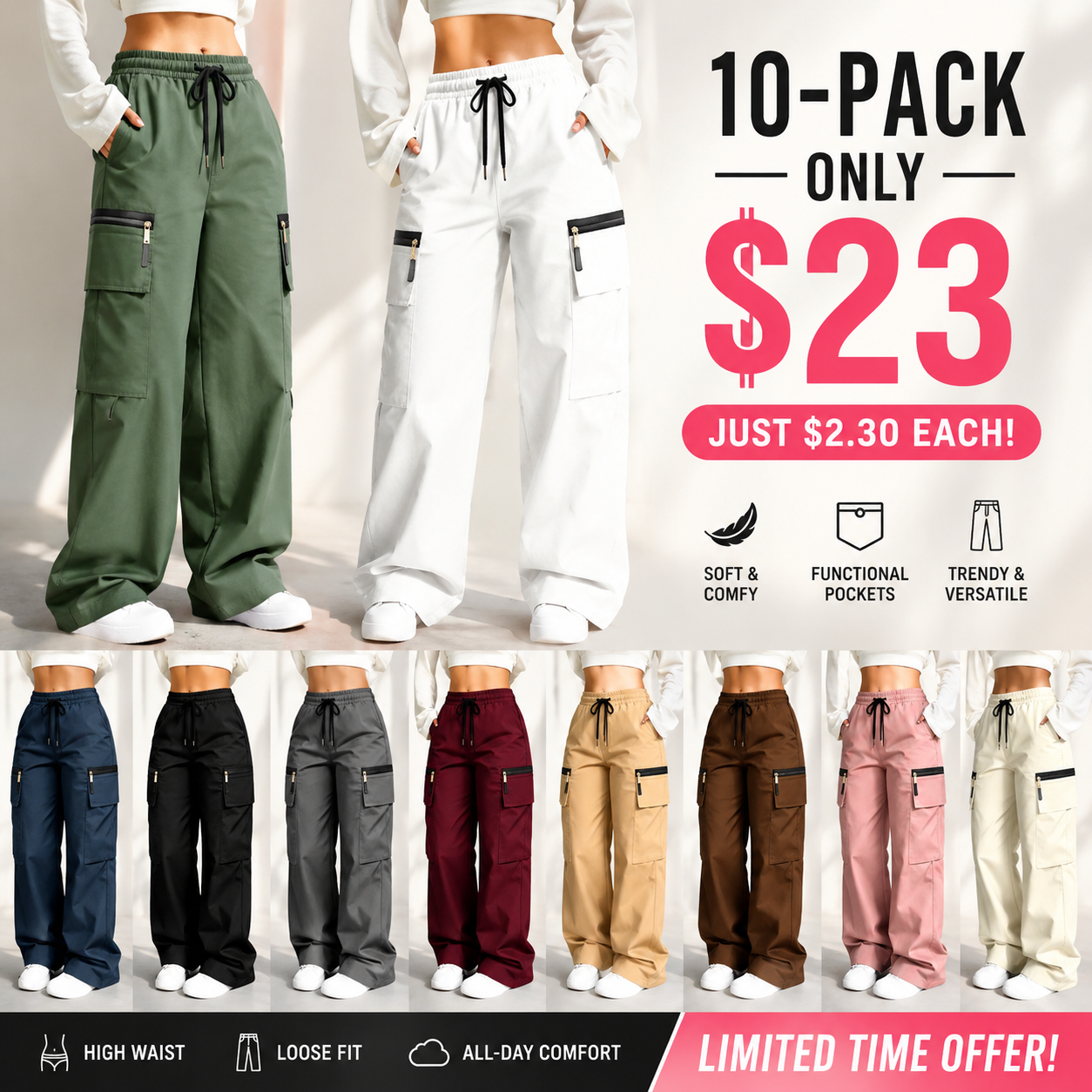 ⚡ FINAL SALE 🔥 10 FOR ONLY $23! Women’s Lightweight Loose-Fit Cargo Pants with Multiple Pockets – Limited-Time Clearance Deal