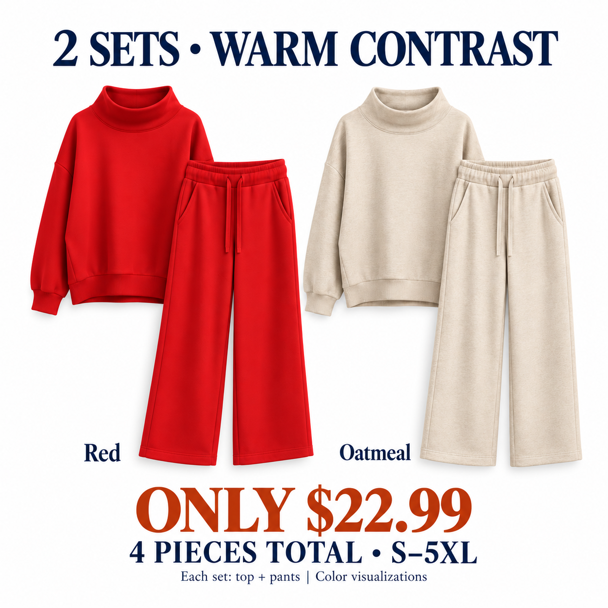 Two complete matching sets in Red and Oatmeal; four clothing pieces total for $22.99