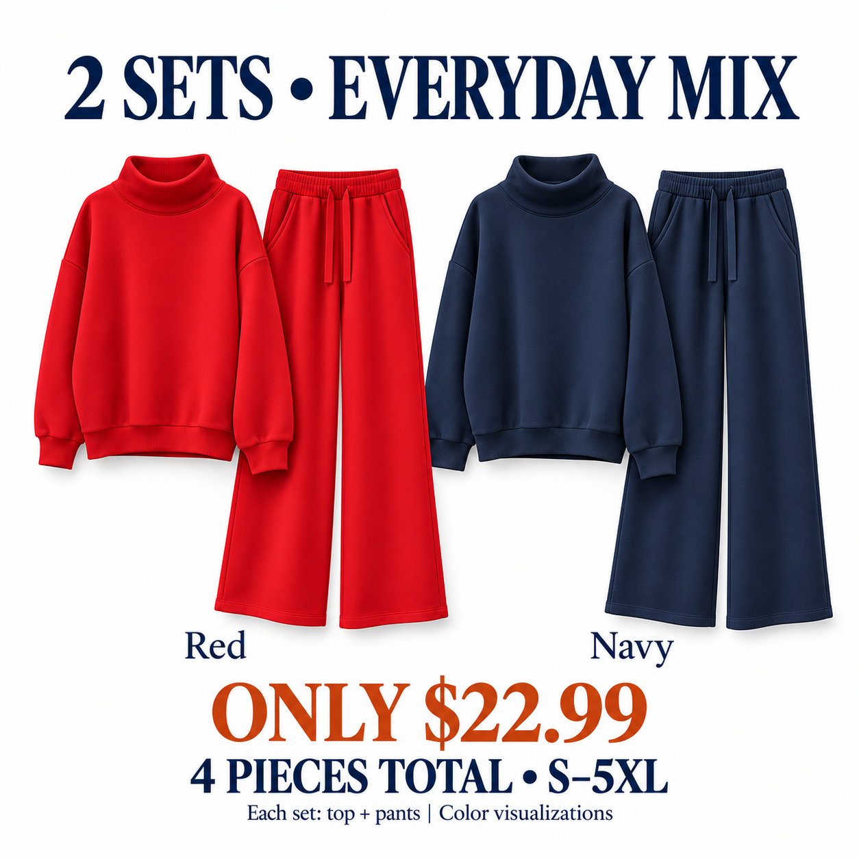 Two complete matching sets in Red and Navy; four clothing pieces total for $22.99