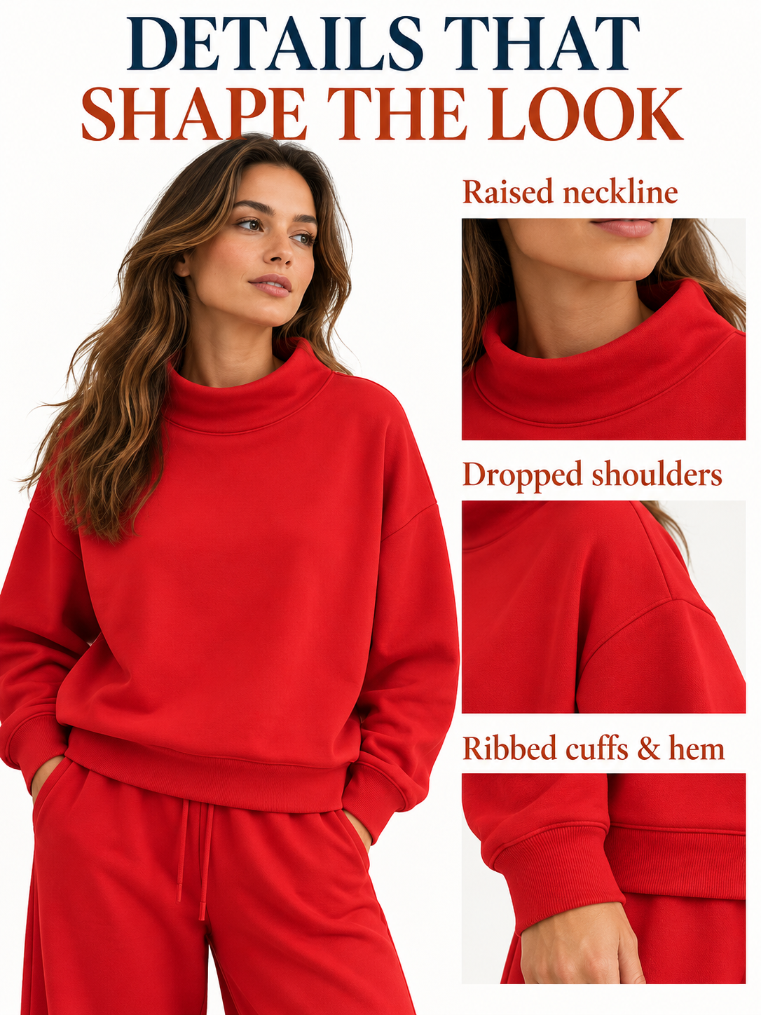 Red sweatshirt raised neckline, dropped shoulders and ribbed cuff and hem details