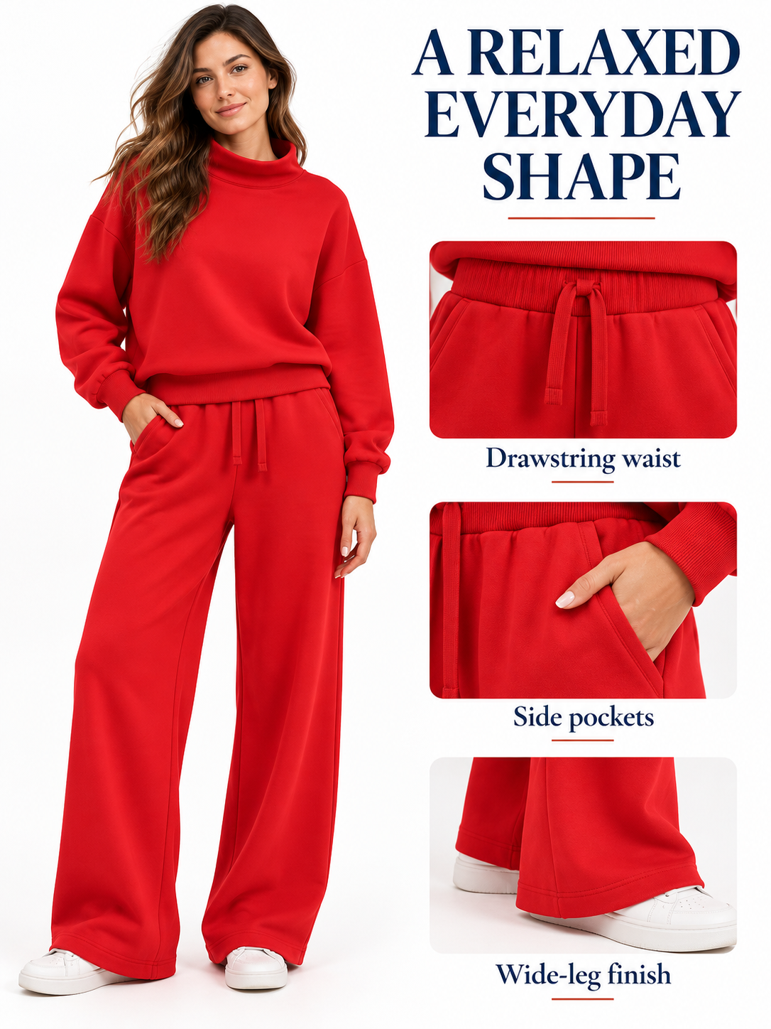 Red pants drawstring waistband, slanted side pocket and wide-leg shape