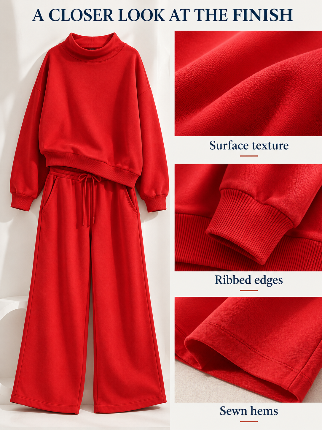 Close-up illustration of exterior fabric texture, ribbed edges and sewn hems