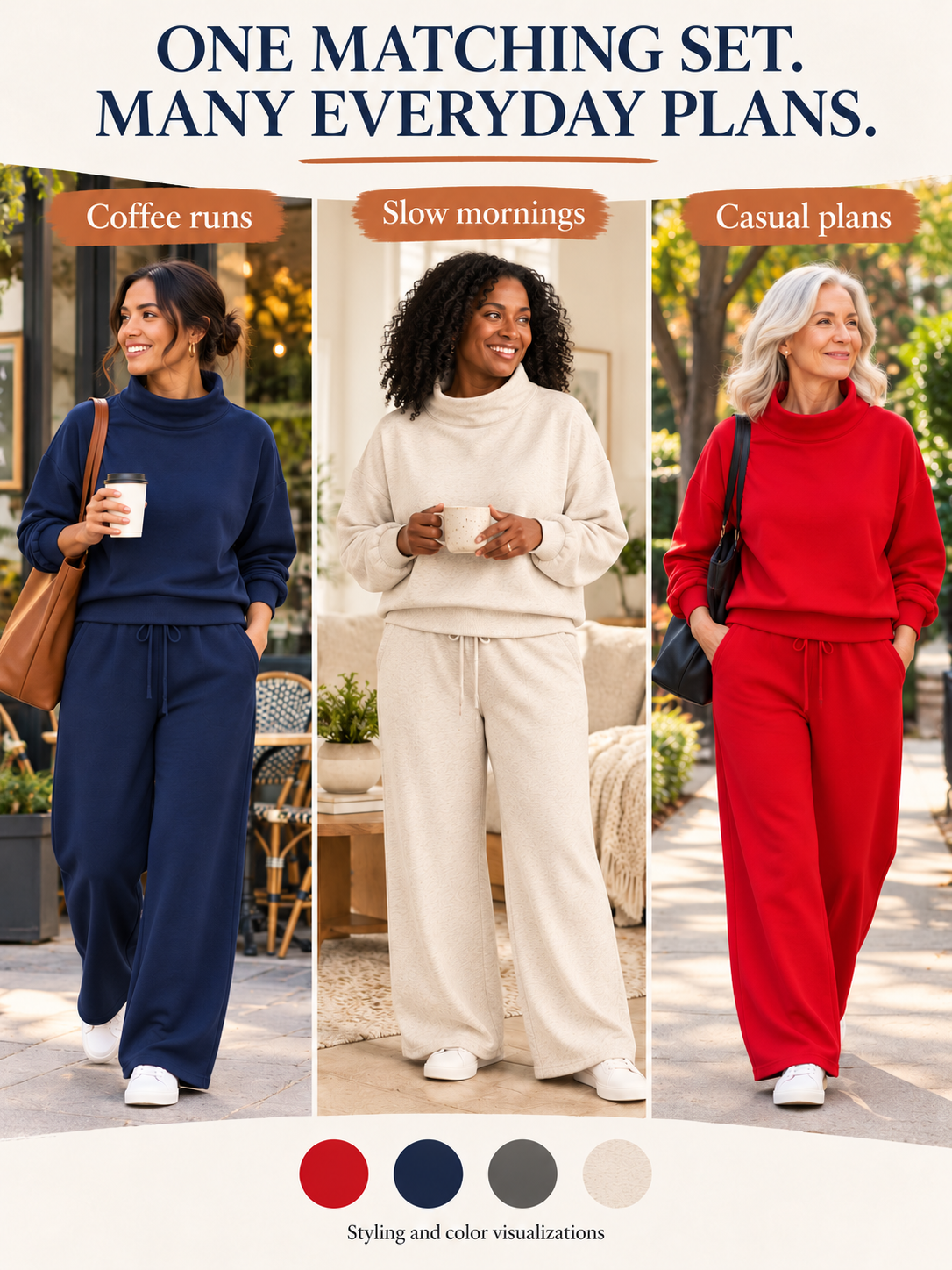 Women wearing complete matching Navy, Oatmeal and Red outfits for everyday plans