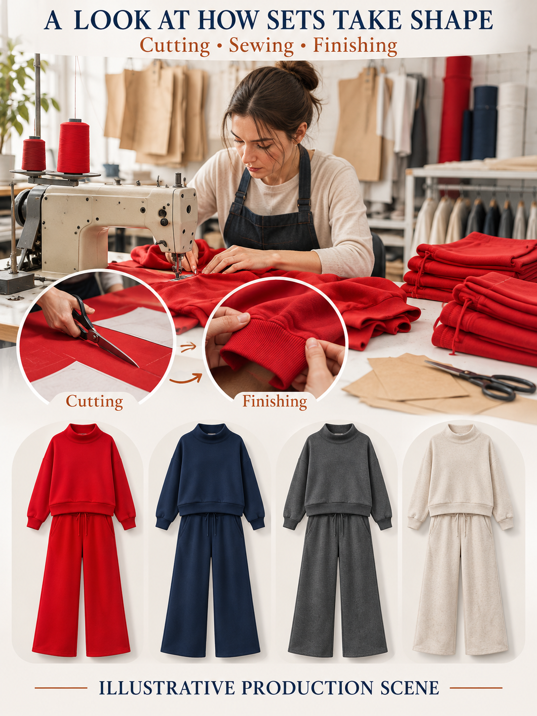 Illustrative clothing production scene with cutting, sewing and finishing