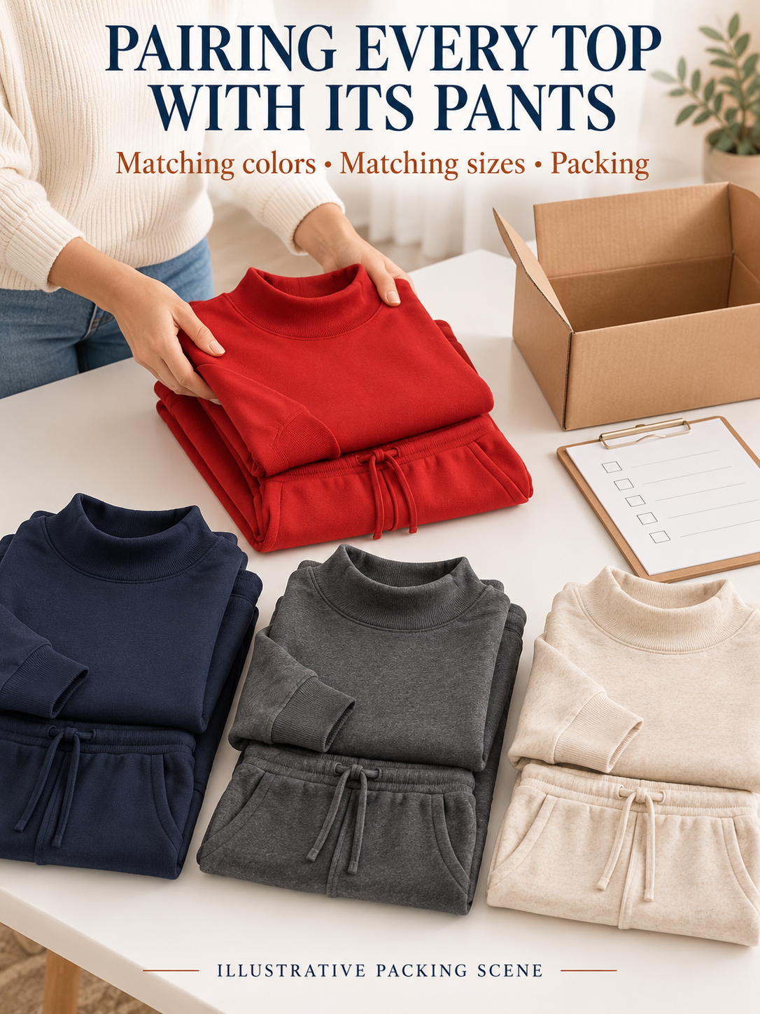 Illustrative packing scene showing a sweatshirt paired with its matching pants