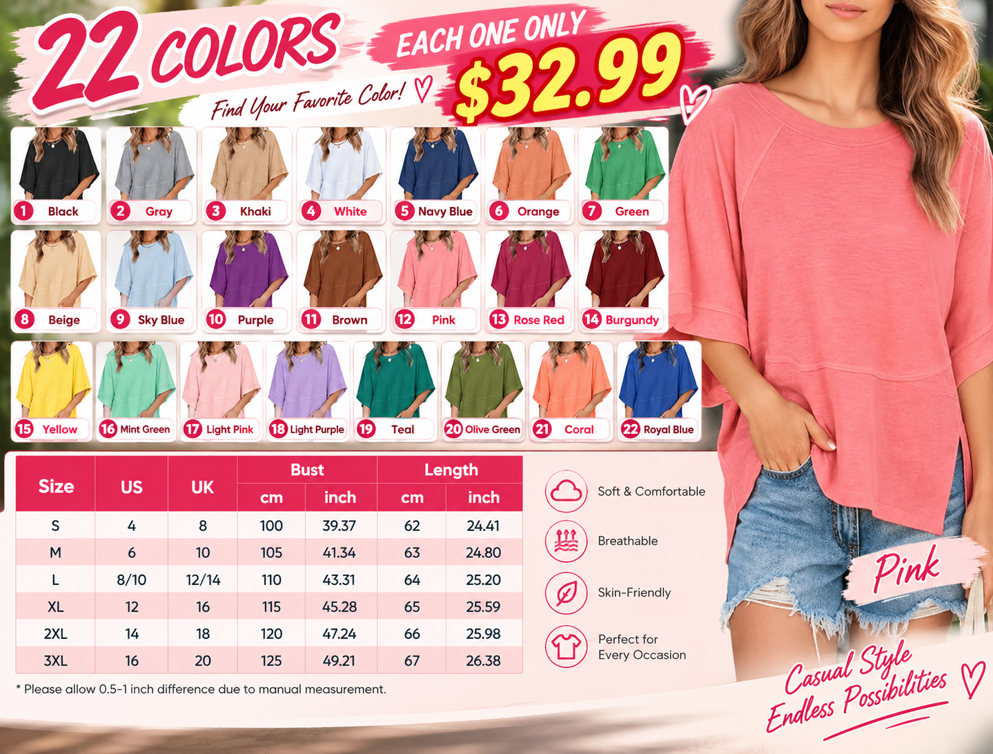 Women's Summer Casual Crewneck Batwing Half Sleeve T-Shirts Solid Color Loose Fit Cute Basic Flowy Tops Tees Blouses