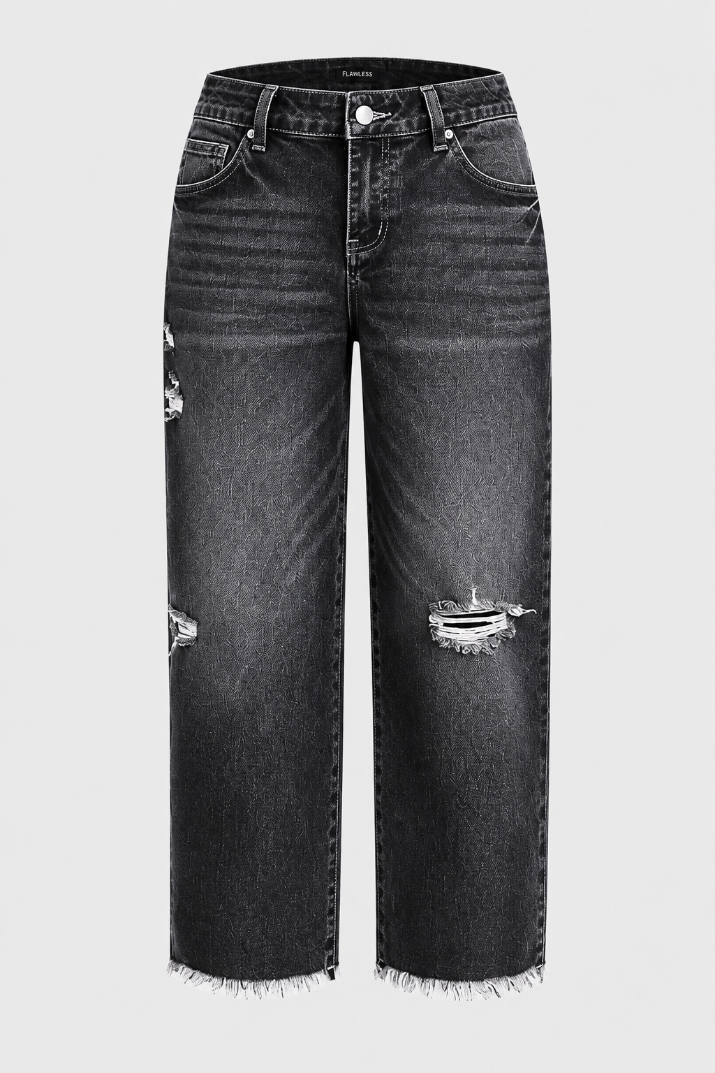 Wash Raw Hem Ripped Mid Waist Straight Leg Crop Jeans Without Belt