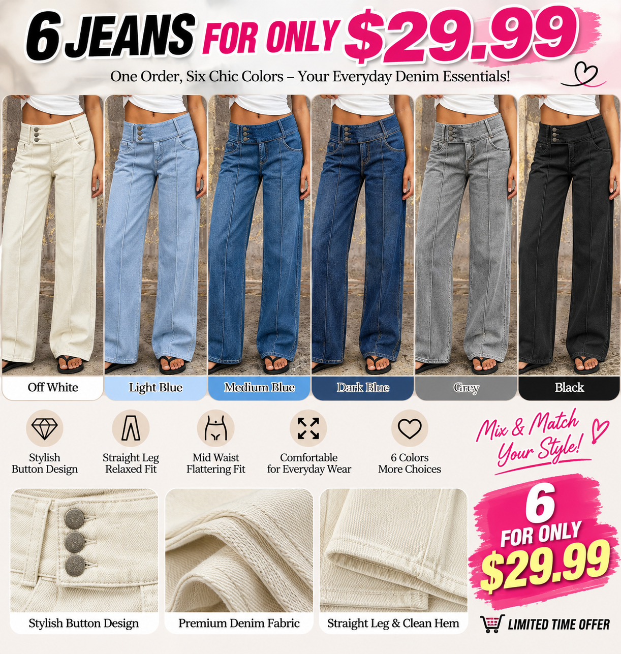 🔥 6 FOR ONLY $29.99! Women’s Mid-Waist Straight Leg Crop Jeans – Washed Ripped Raw Hem Denim