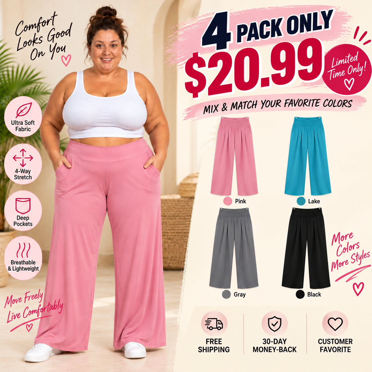 🔥 HOT SALE | Women's Plus Size Stretchy Wide-Leg Palazzo Pants – Loose, Comfy High-Waist Lounge Pants