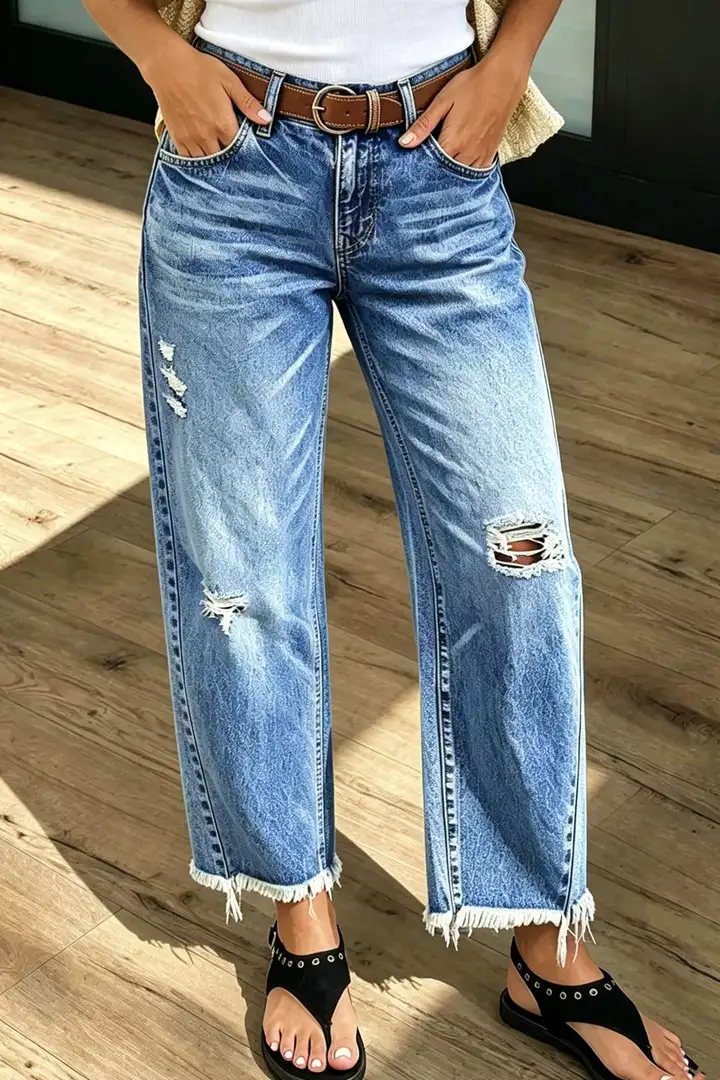 Wash Raw Hem Ripped Mid Waist Straight Leg Crop Jeans Without Belt