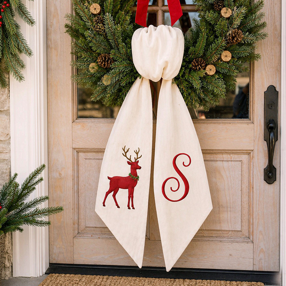 Personalized Christmas Wreath Sash, Embroidered Ornament & Monogram, Buffalo Check Holiday Front Door Wreath Decor