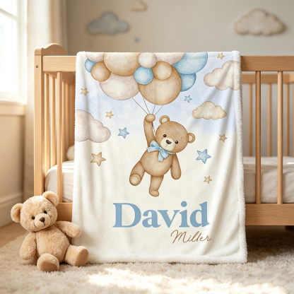 Personalized Teddy Bear Balloon Baby Blanket with First and Last Name, Soft Fleece Nursery Blanket, Baby Shower Birthday Gift for Newborns and Kids