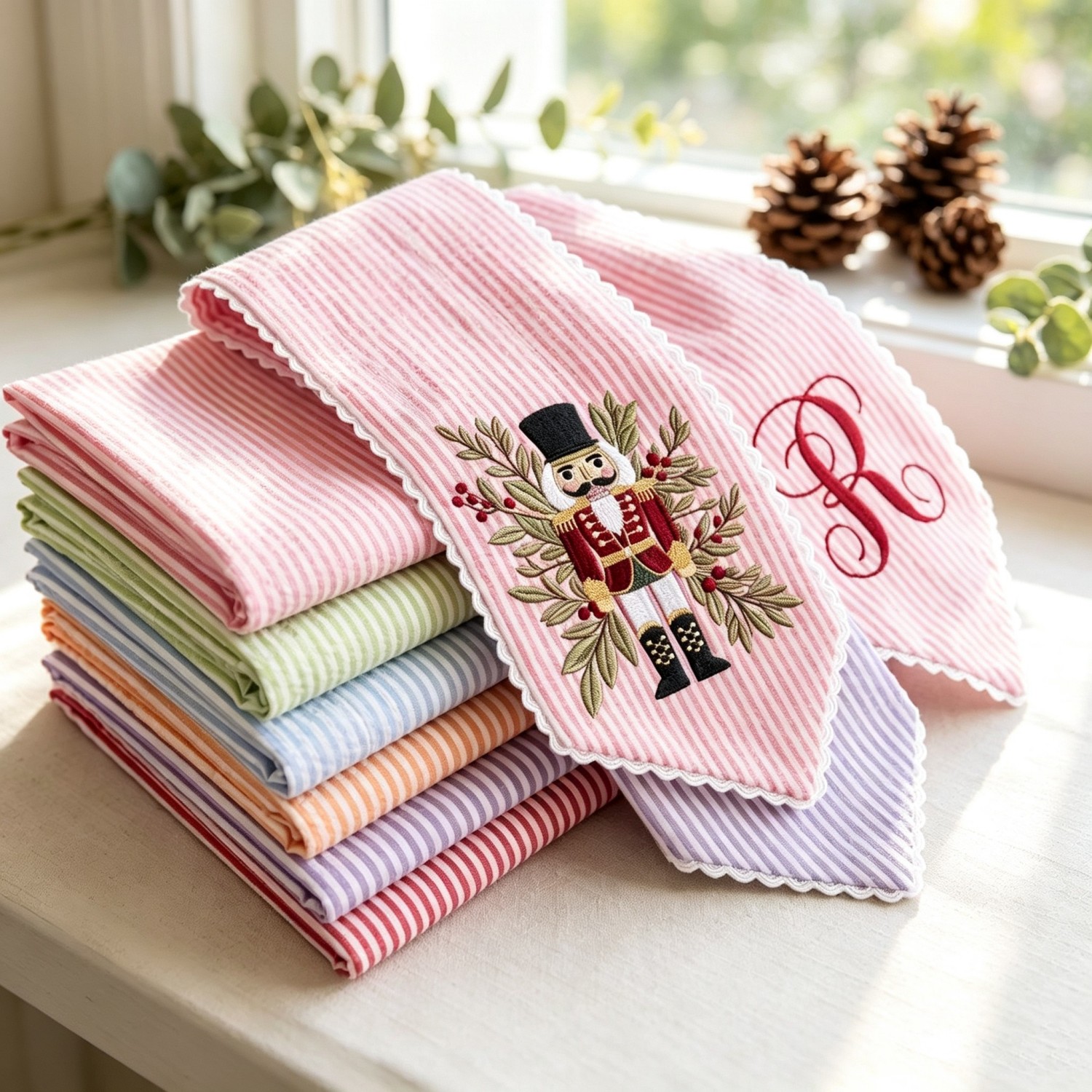 Personalized Nutcracker Christmas Wreath Sash, Embroidered Monogram Seersucker Door Bow, Holiday Front Door Decor