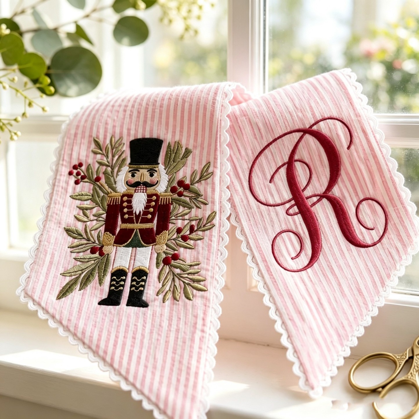 Personalized Nutcracker Christmas Wreath Sash, Embroidered Monogram Seersucker Door Bow, Holiday Front Door Decor