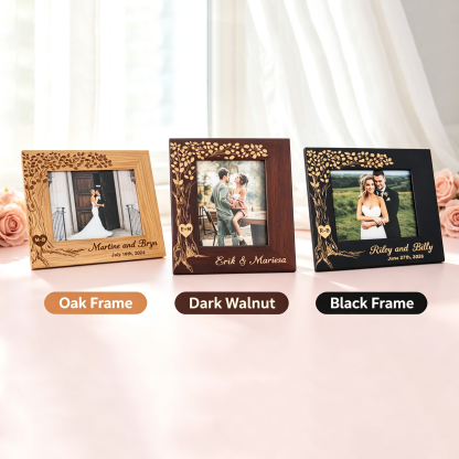 Personalized Wedding Photo Frame, Custom Engraved Oak Wood Frame with Names & Date, Rustic Wedding Gift for Couples, Anniversary Keepsake
