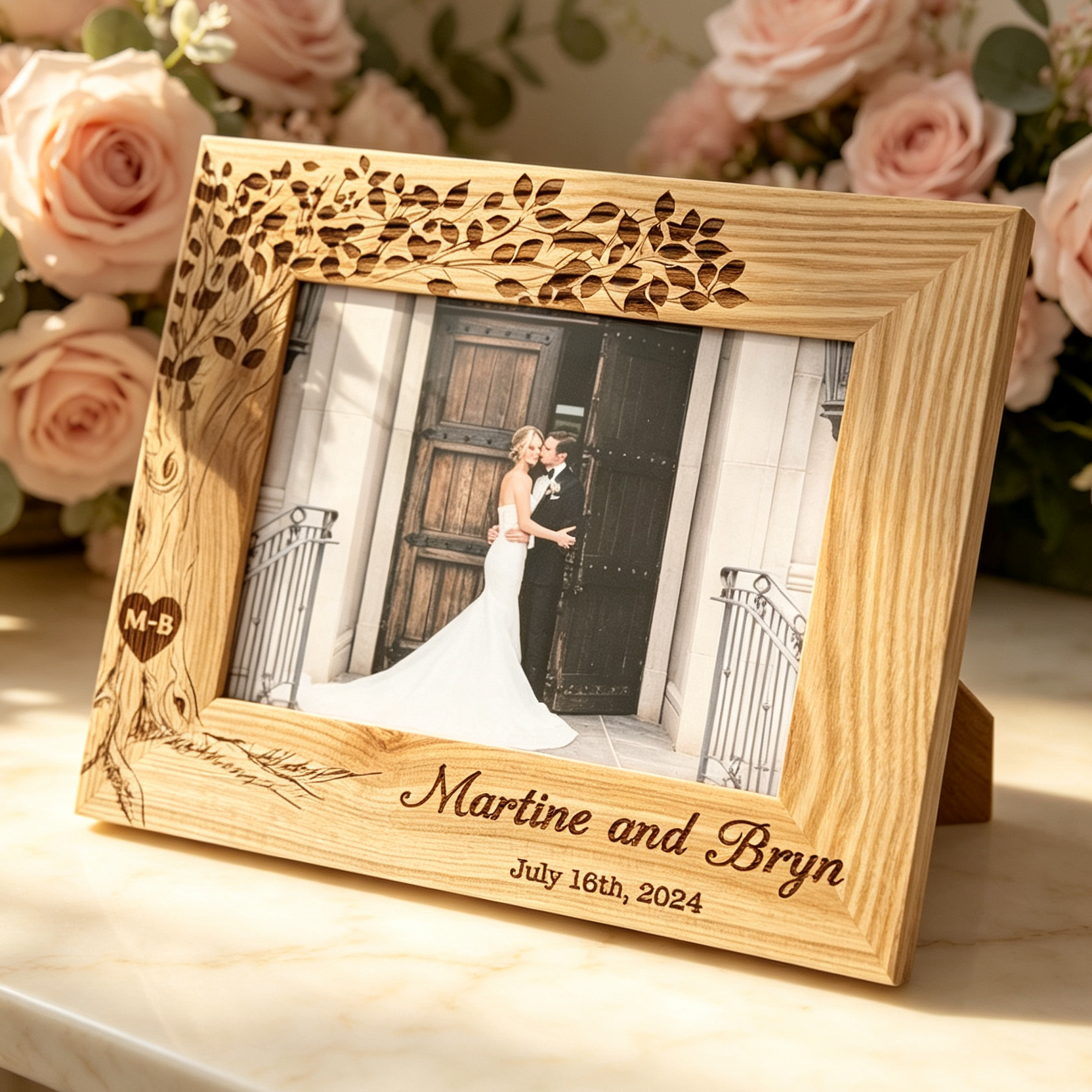 Personalized Wedding Photo Frame, Custom Engraved Oak Wood Frame with Names & Date, Rustic Wedding Gift for Couples, Anniversary Keepsake