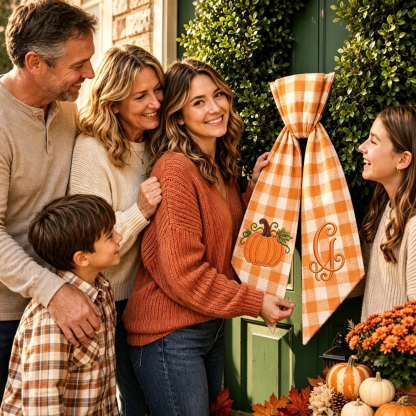 Personalized Seasonal Wreath Sash, Custom Embroidered Gingham Door Bow, Fall & Halloween Front Door Decor