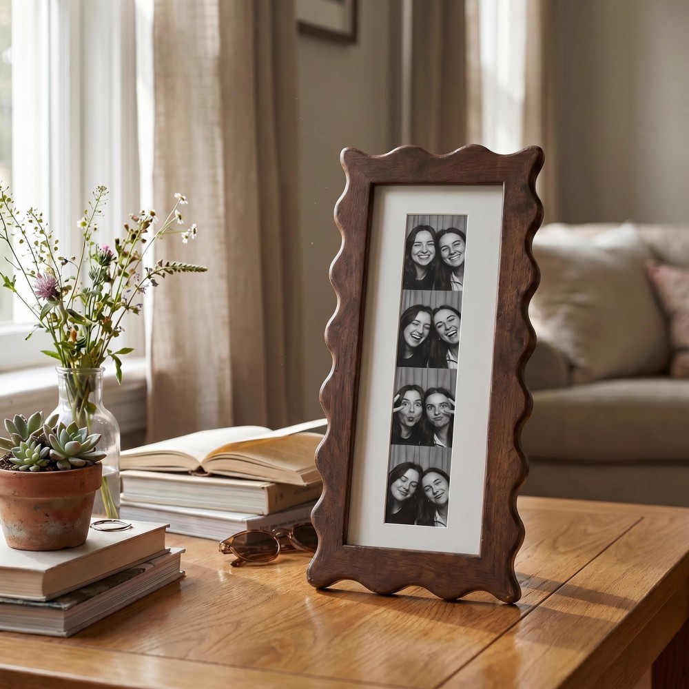 Personalized Vintage Wavy Edge Photo Strip Frame – Wooden Photo Booth Keepsake
