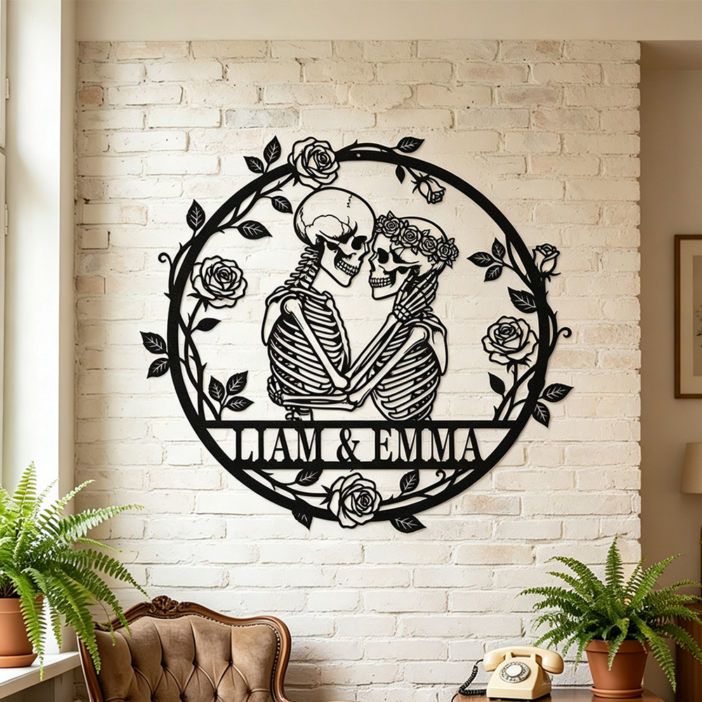 Personalized Skeleton Couple Metal Wall Art – Custom Name Gothic Wedding Sign, Halloween Home Decor & Unique Anniversary Gift