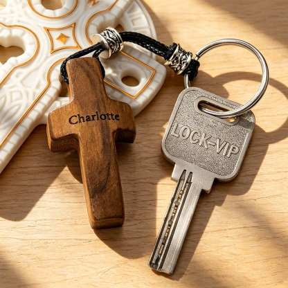 Personalized Wooden Cross Keychain with Initial, Name and Heart, Christian Baptism Easter Gift for Family and Friends