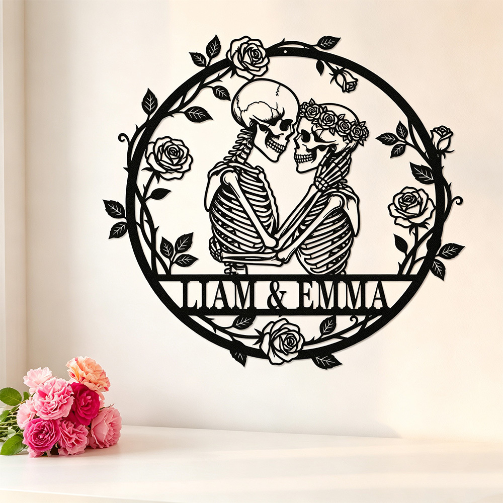 Personalized Skeleton Couple Metal Wall Art – Custom Name Gothic Wedding Sign, Halloween Home Decor & Unique Anniversary Gift
