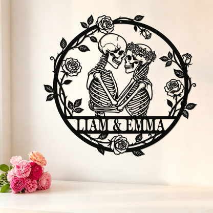 Personalized Skeleton Couple Metal Wall Art – Custom Name Gothic Wedding Sign, Halloween Home Decor & Unique Anniversary Gift