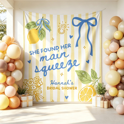 Personalized "She Found Her Main Squeeze" Bridal Shower Backdrop – Custom Lemon Theme Party Banner, Yellow & Blue Striped Photo Booth Prop for Engagement Party