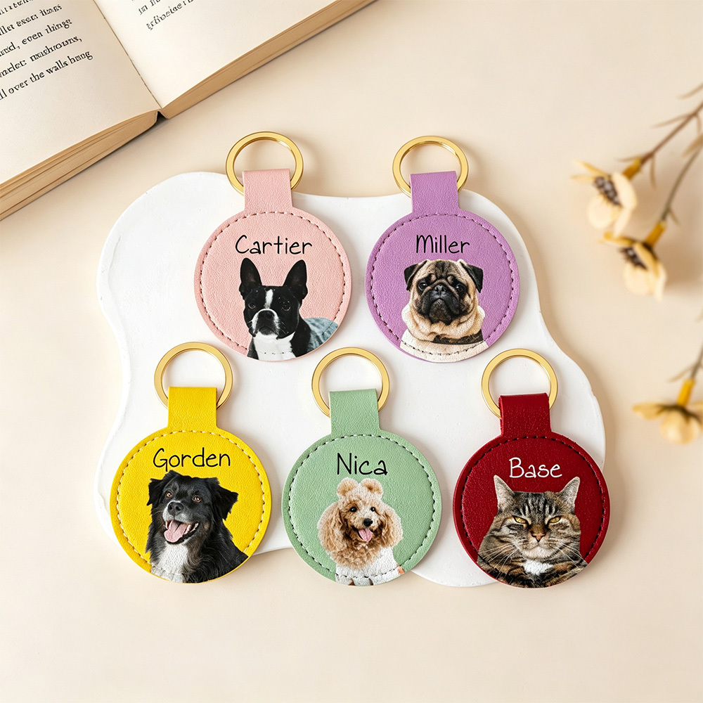 Personalized Pet Photo Leather Keychain – Custom Dog Portrait Key Ring with Name Engraving, 2” Round Gift for Pet Lovers