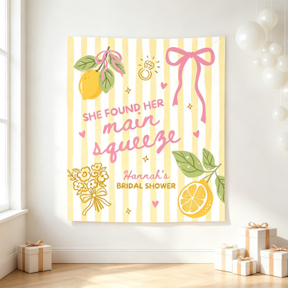 Personalized "She Found Her Main Squeeze" Bridal Shower Backdrop – Custom Lemon Theme Party Banner, Yellow & Blue Striped Photo Booth Prop for Engagement Party