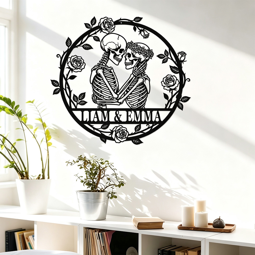 Personalized Skeleton Couple Metal Wall Art – Custom Name Gothic Wedding Sign, Halloween Home Decor & Unique Anniversary Gift