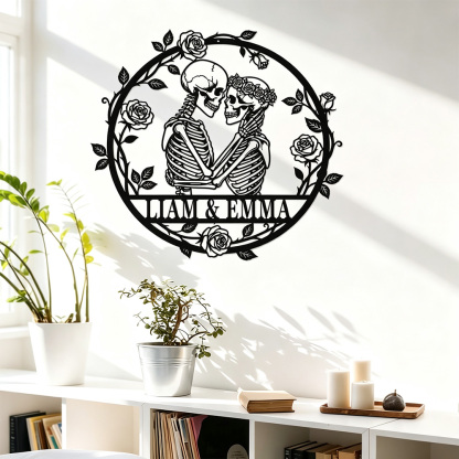 Personalized Skeleton Couple Metal Wall Art – Custom Name Gothic Wedding Sign, Halloween Home Decor & Unique Anniversary Gift