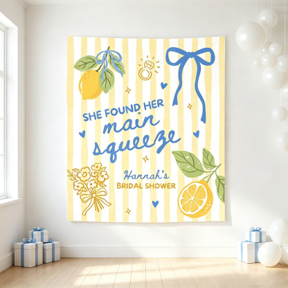 Personalized "She Found Her Main Squeeze" Bridal Shower Backdrop – Custom Lemon Theme Party Banner, Yellow & Blue Striped Photo Booth Prop for Engagement Party